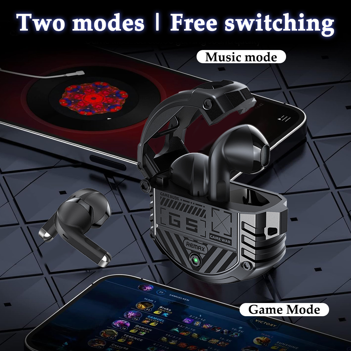 Schwarze kabellose Ohrhörer in einem Ladecase, mit dem Text 'Two modes | Free switching' und Telefonbildschirmen.