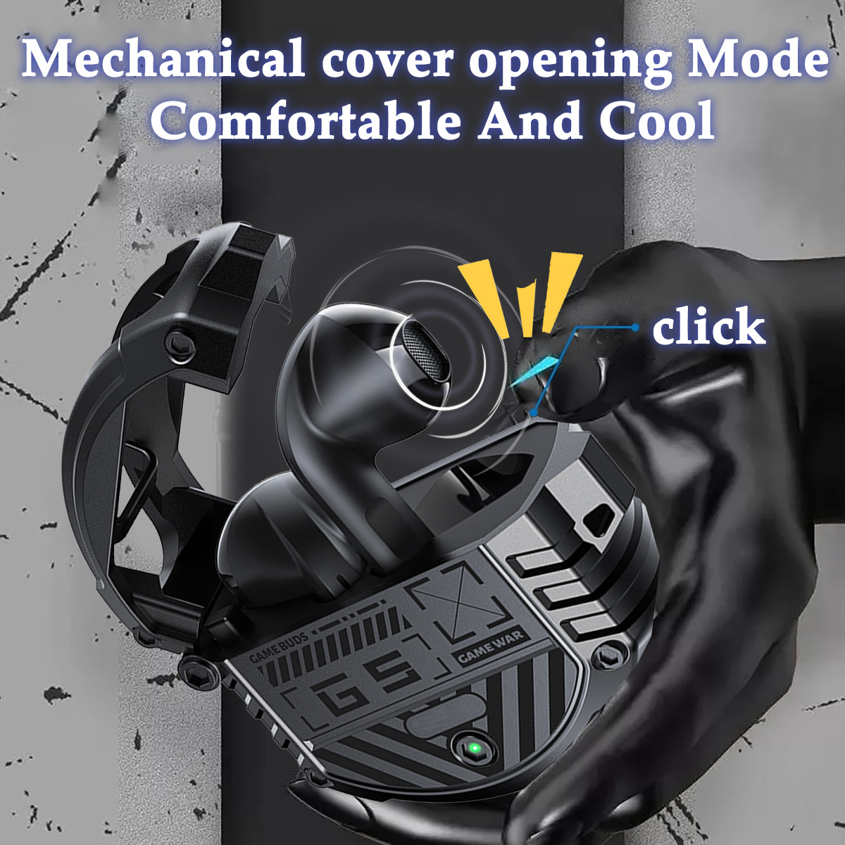 Schwarze Ohrhörer in einem Gehäuse mit einer Hand, die auf eine Klickstelle zeigt, beschriftet mit 'Mechanical cover opening Mode'.