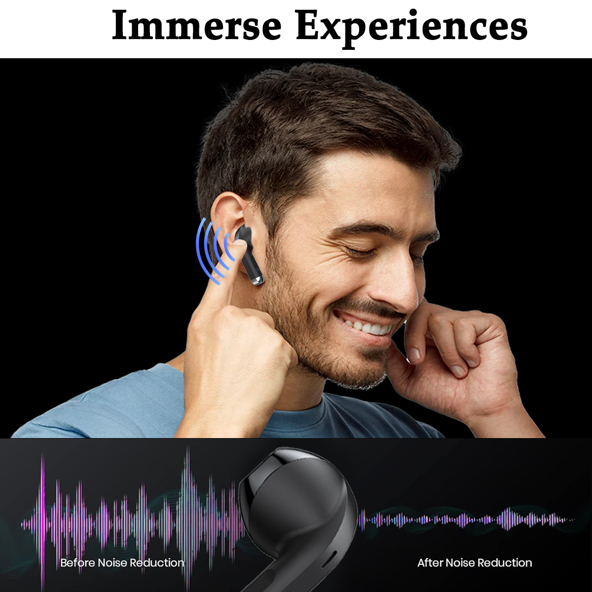 Mann trägt Ohrhörer, mit Noise-Reduction-Effekt gezeigt.