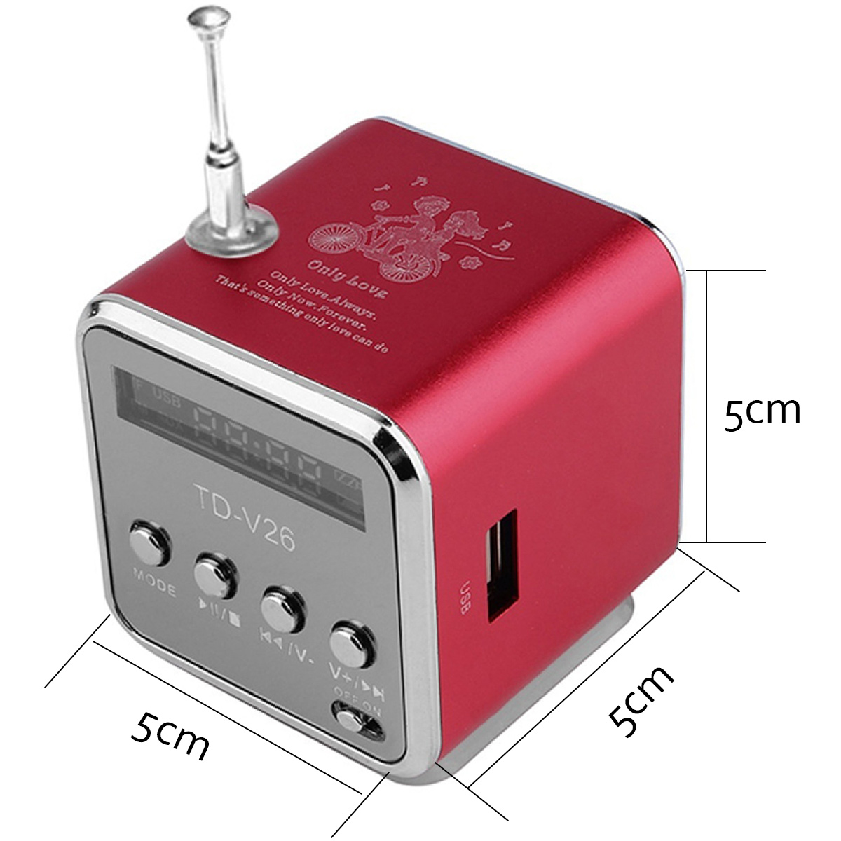 Rotes Retro-Radio mit USB-Anschluss und kleiner Antenne. Zeigt die Uhrzeit an und hat Knöpfe.