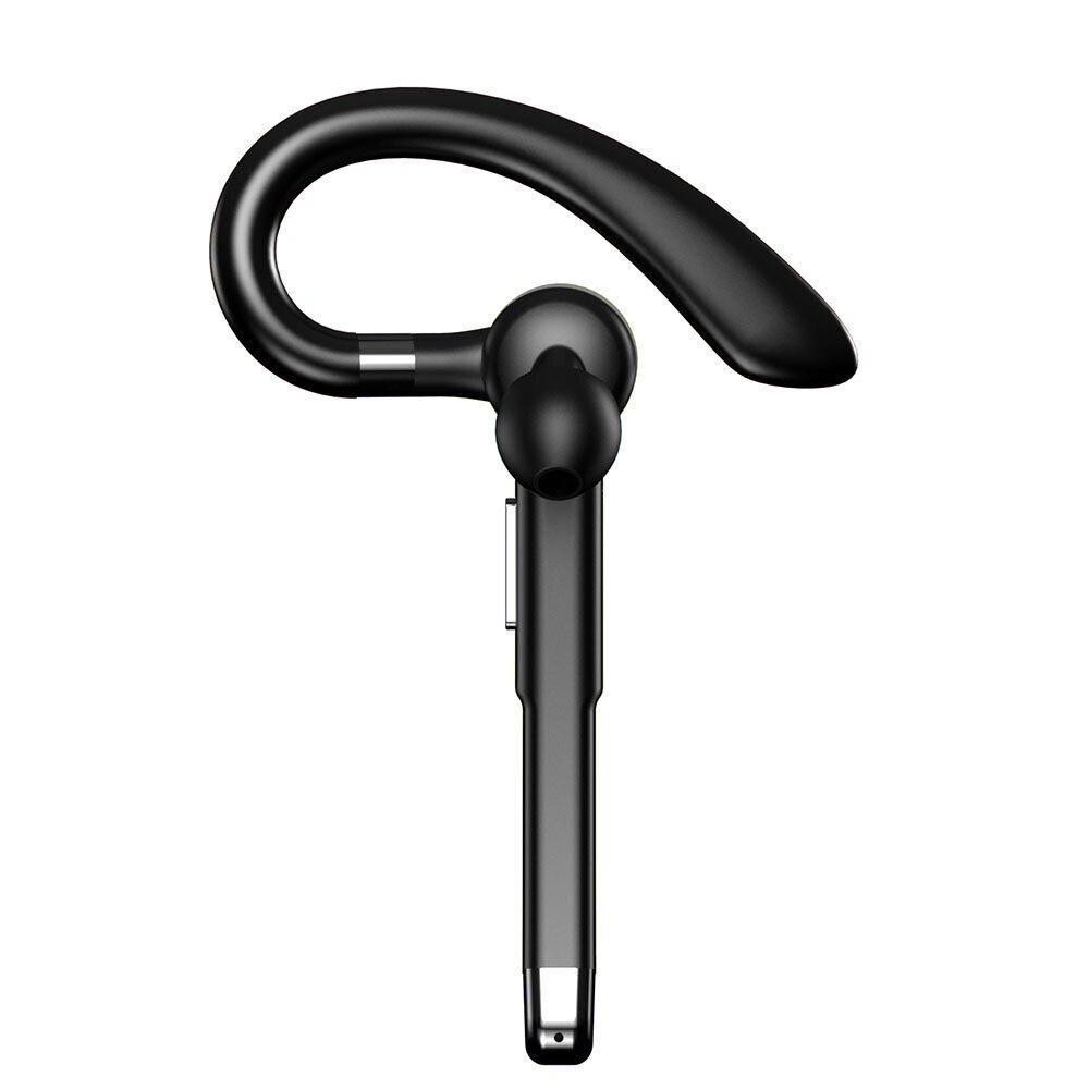 Schwarzes Bluetooth-Headset. Das Gerät ist ein einzelner Ohrhörer mit geschwungenem Design, isoliert vor weißem Hintergrund.