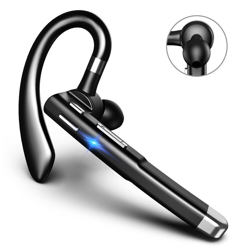 Ein schwarzes Bluetooth-Headset. Das Headset hat einen gebogenen Ohrbügel und einen Mikrofonarm.