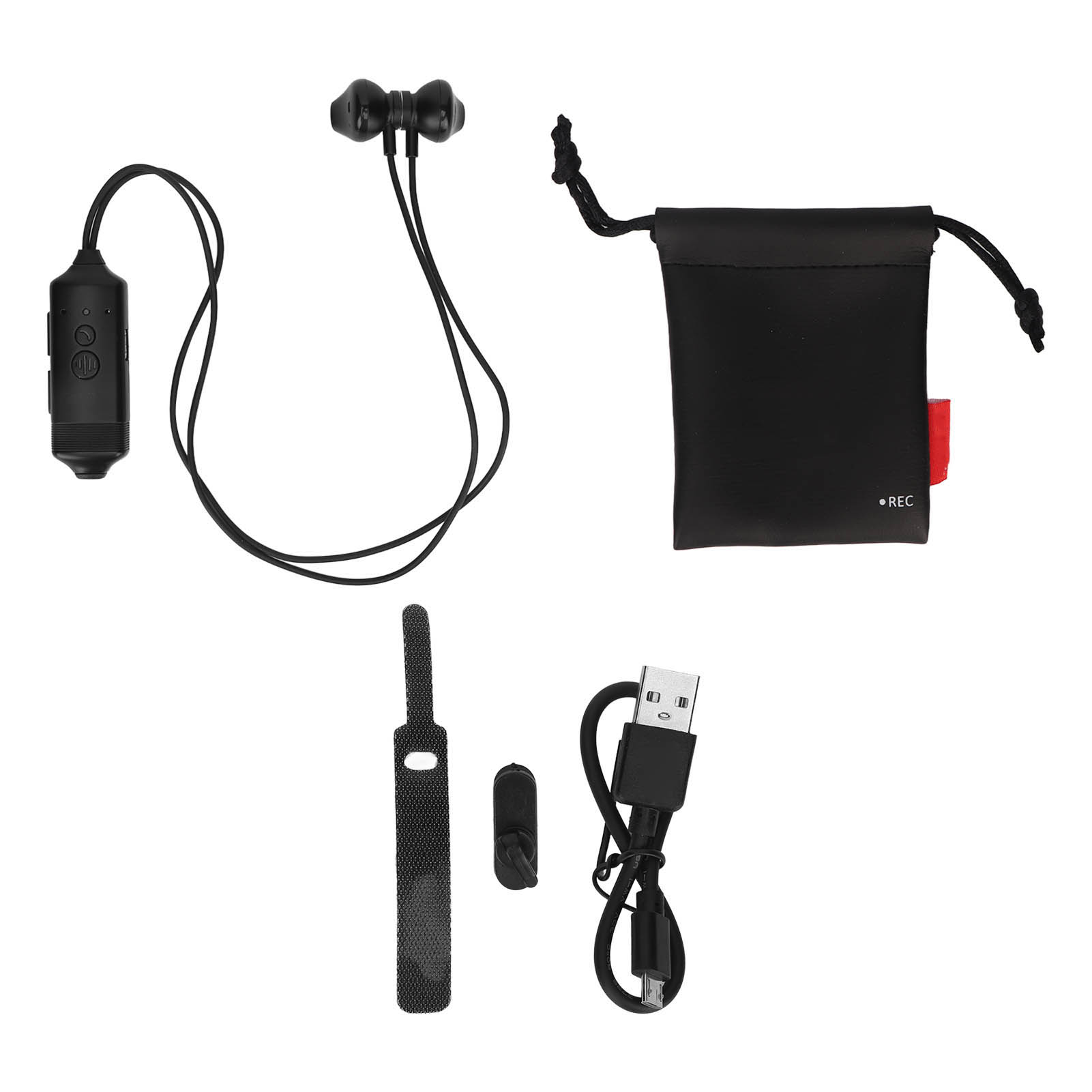 Ohrhörer, eine Tragetasche, ein Kabel und weiteres Zubehör.