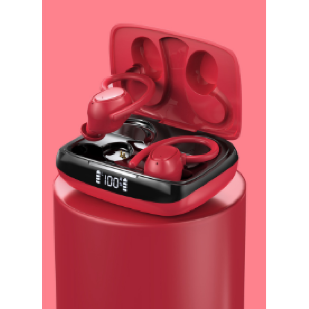 Rote Ohrhörer in einem Ladeetui auf einem roten Ständer. Schwarz-rotes Farbschema. Roter Hintergrund.