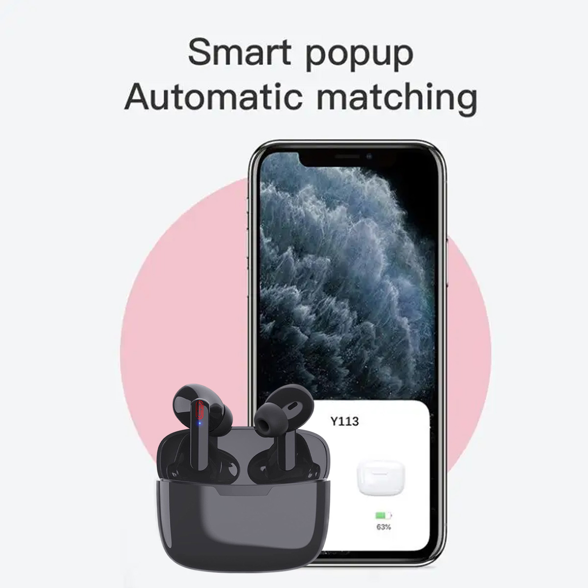 Schwarze Ohrhörer in einem Ladeetui mit einem Telefon, das ein Pairing-Popup anzeigt.
