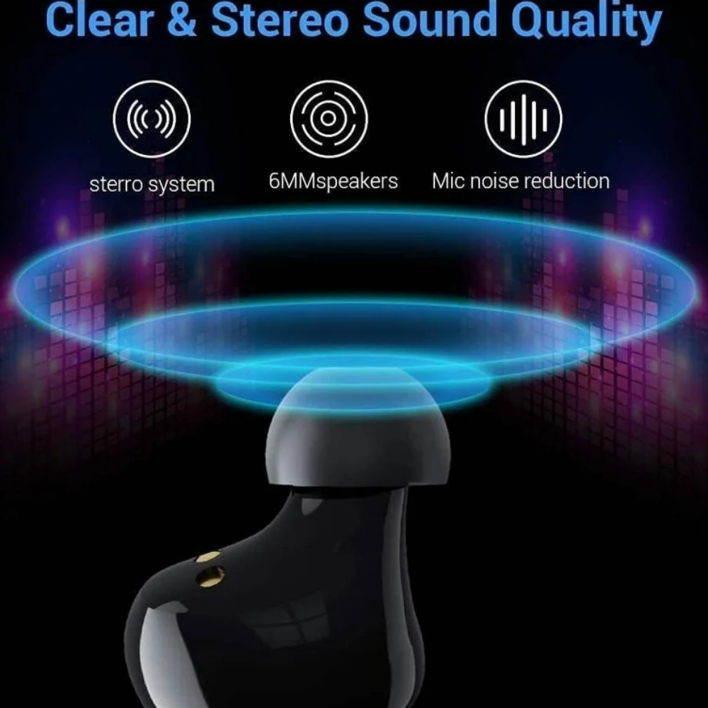 Nahaufnahme eines schwarzen Ohrhörers mit klarer und Stereo-Klangqualität. Das Produkt hat 6 Lautsprecher und Mikrofonreduzierung.