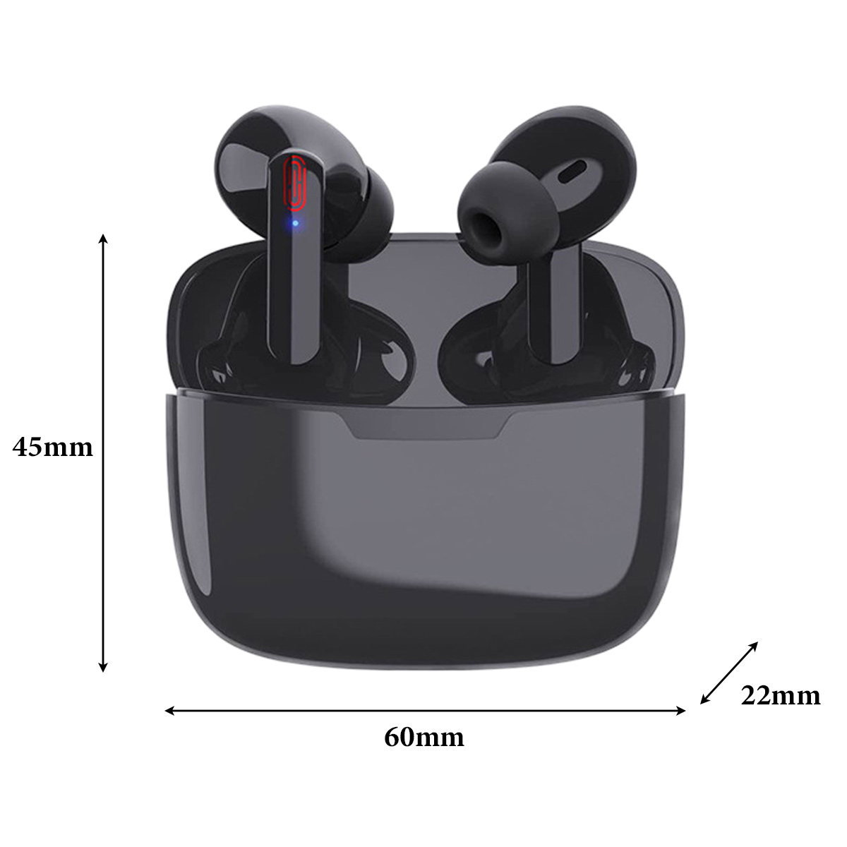 Schwarze Ohrhörer in einem Ladeetui, mit Maßen von 60x45x22 mm.