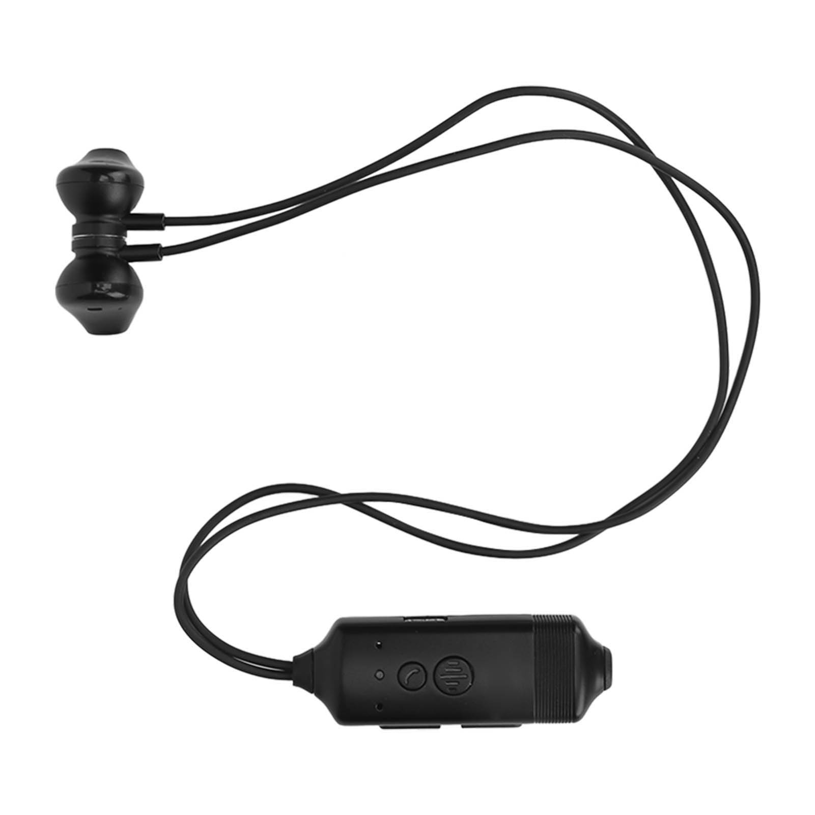 Schwarze kabellose Ohrhörer mit Steuermodul und Kabel.