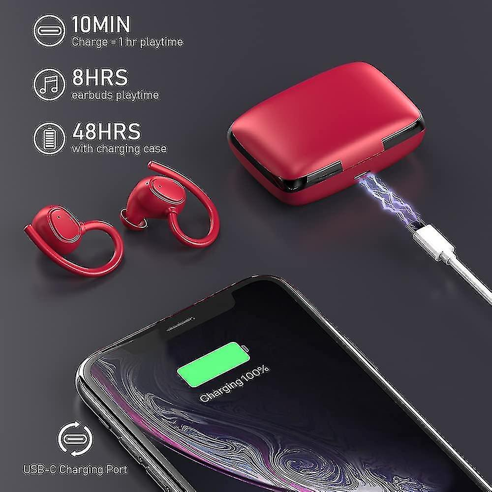 Rote kabellose Ohrhörer, Ladecase und Telefon mit Ladeinformationen auf dem Telefon.