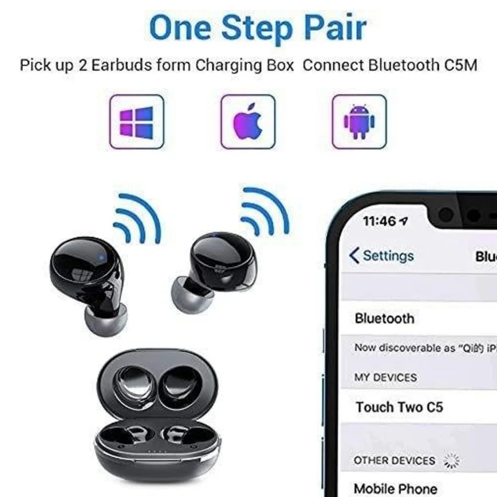 Ohrhörer mit Ladecase und Telefonbildschirm mit Bluetooth-Einstellungen. Weißer Hintergrund.
