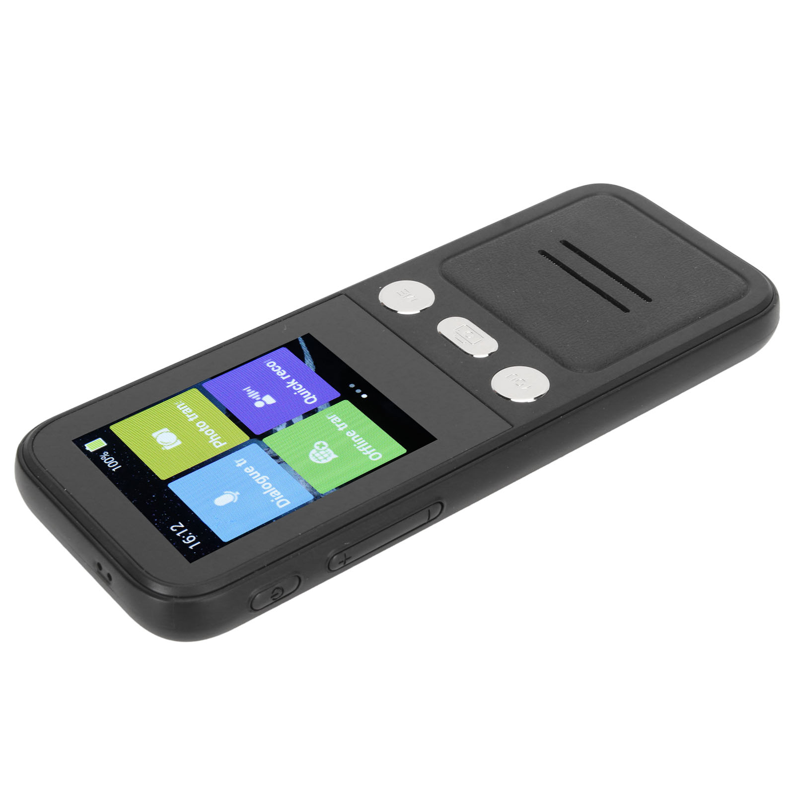 Schwarzer Sprachübersetzer mit einem Bildschirm. Es zeigt Symbole für verschiedene Funktionen und eine Batterieanzeige.