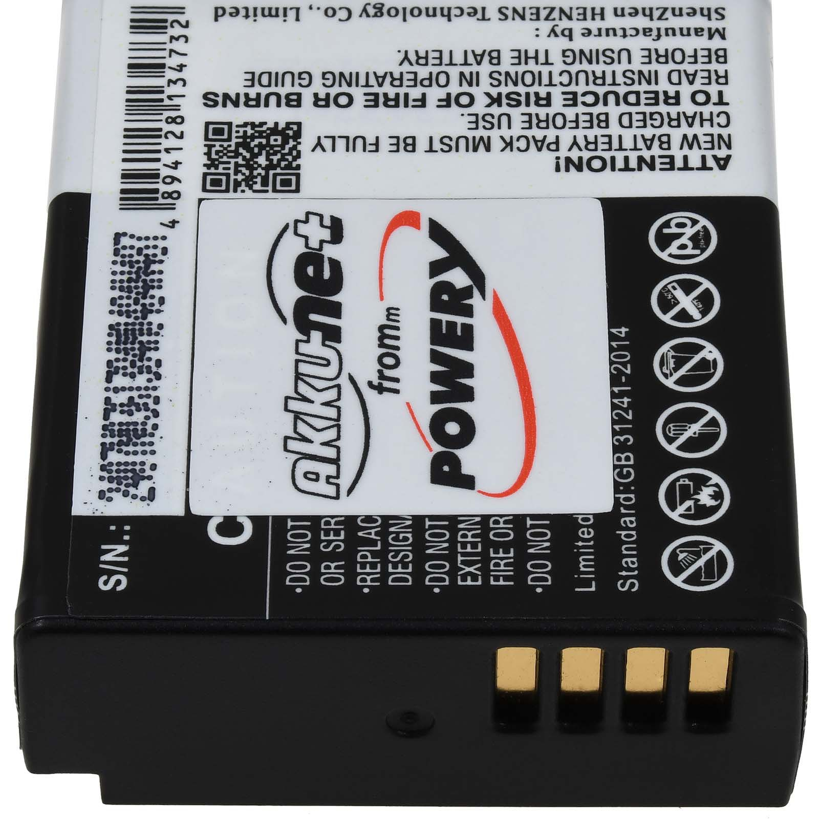 Schwarze Batterie mit Etikett. Weißer Hintergrund. Text und Symbole sichtbar.
