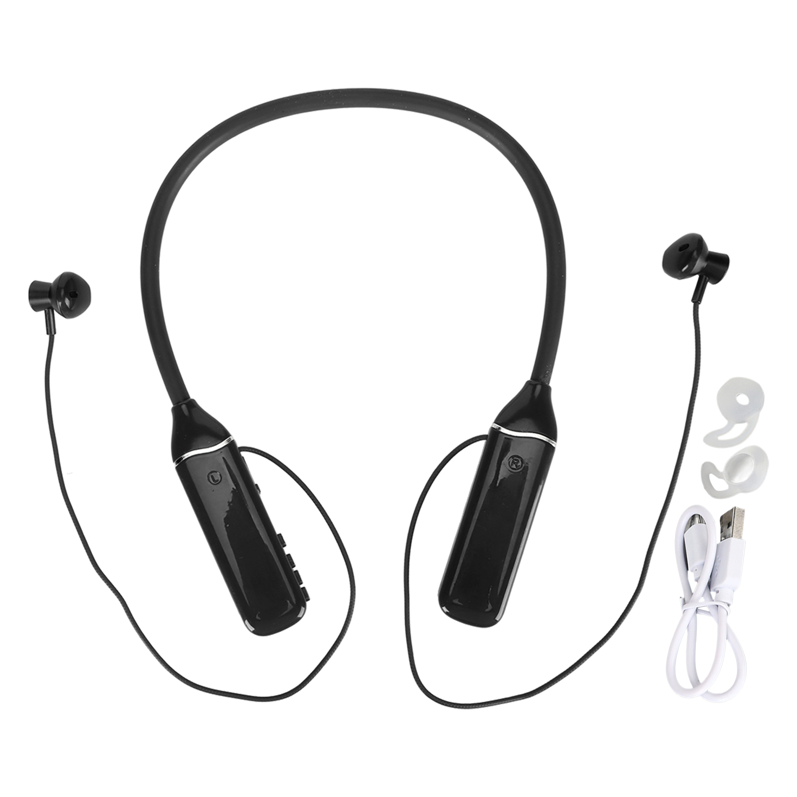 Schwarze Nackenbügel-Kopfhörer mit Ohrhörern und einem USB-Ladekabel sowie zusätzlichen Ohrstöpseln.