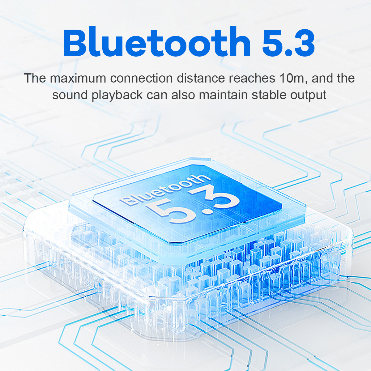 Blaue Grafik, die Bluetooth 5.3 zeigt, mit klarer, leuchtender Darstellung.