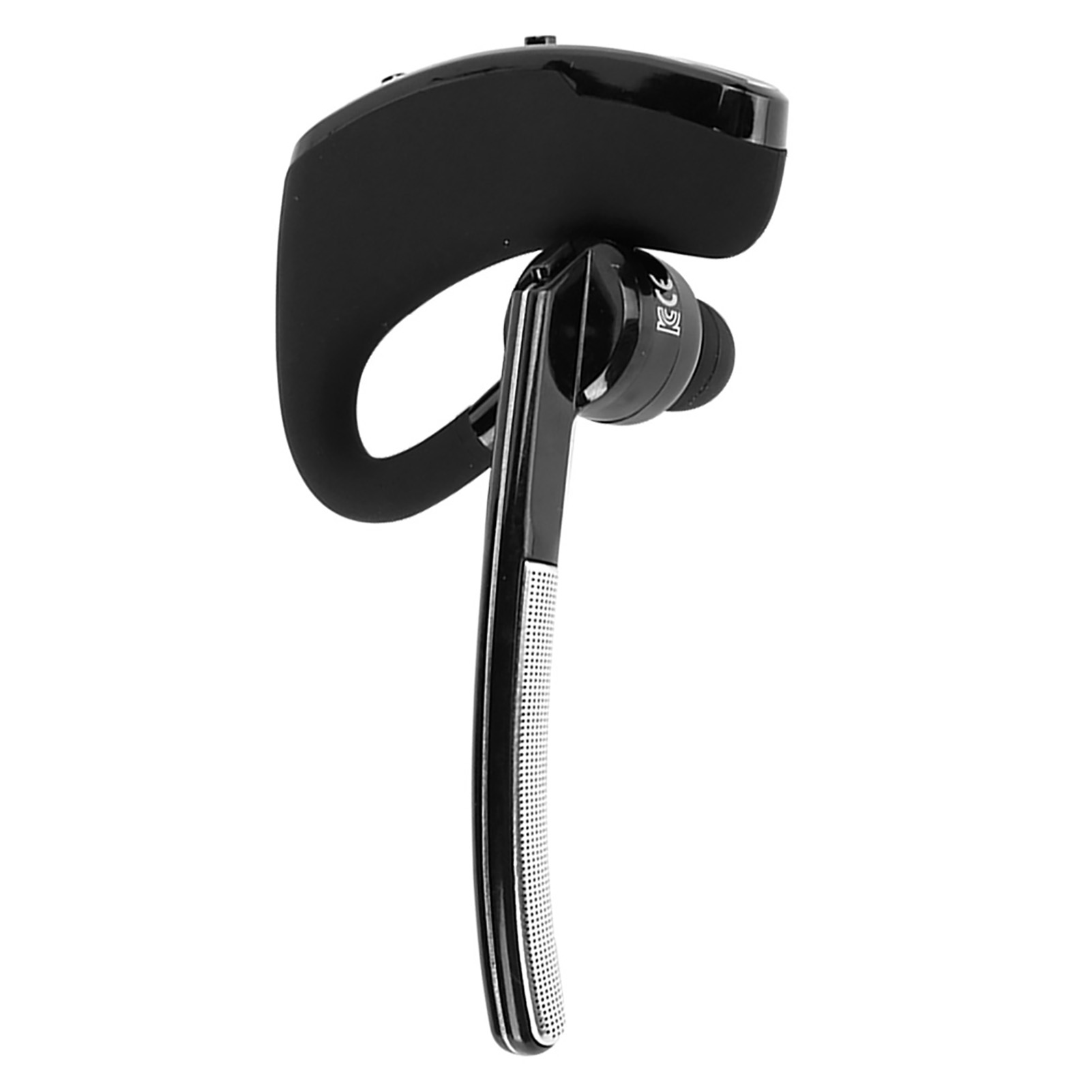 Schwarzes kabelloses Bluetooth-Headset. Es hat einen gebogenen Ohrbügel und einen langen Mikrofonarm.