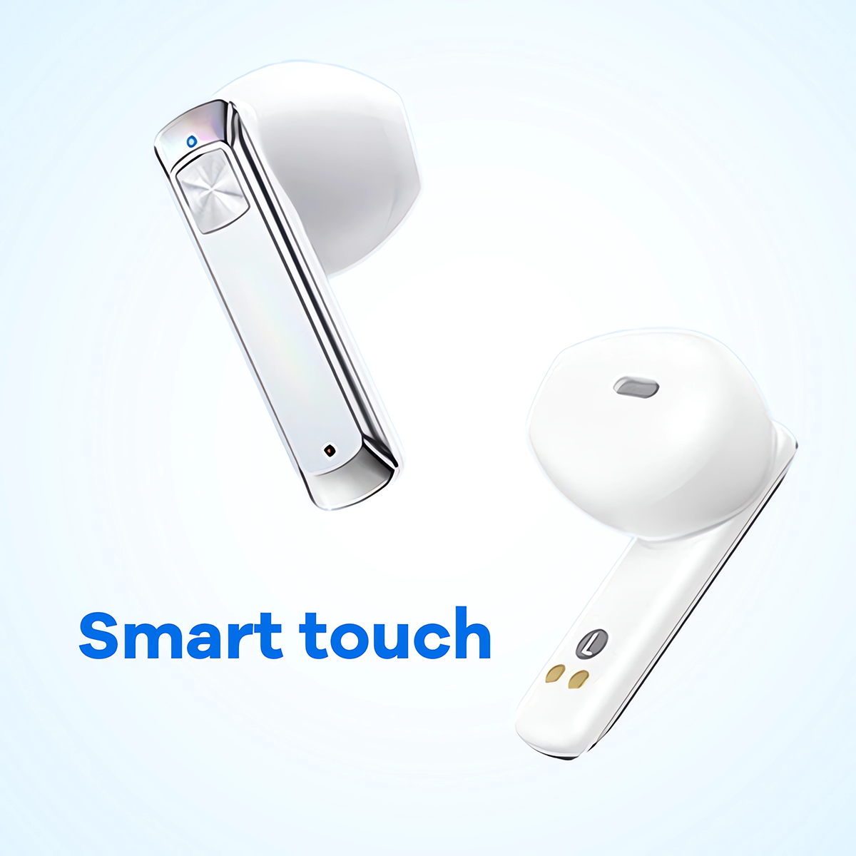 Zwei weiße kabellose Ohrhörer mit den Worten 'Smart touch' in Blau darunter.