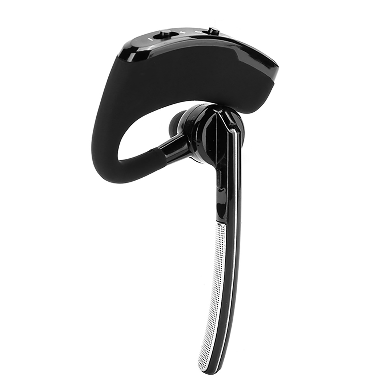 Ein schwarzes Bluetooth-Headset mit einem gebogenen Ohrbügel und einem silbernen Mikrofon.