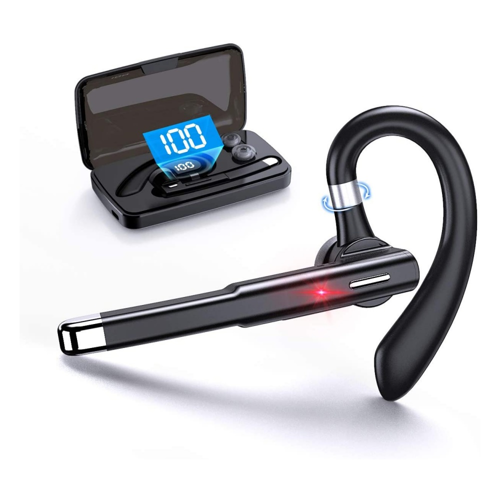Ein schwarzes Bluetooth-Headset mit Ladecase. Das Case zeigt eine Anzeige mit der Zahl 100.