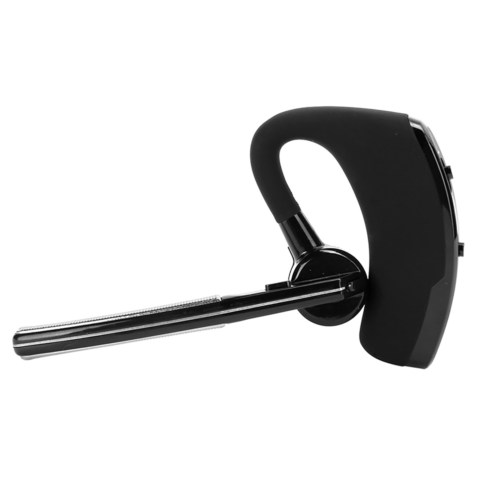 Ein schwarzes Bluetooth-Headset. Das Headset hat ein Mikrofon und ein geschwungenes Design.