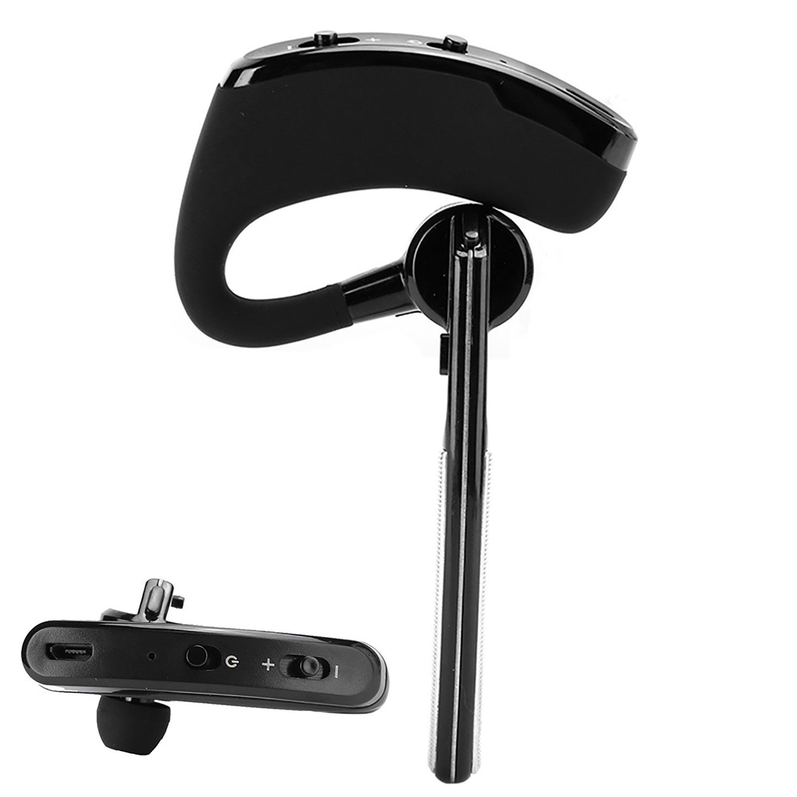 Ein schwarzes, drahtloses Bluetooth-Headset mit Ohrbügel und Ladeanschluss.