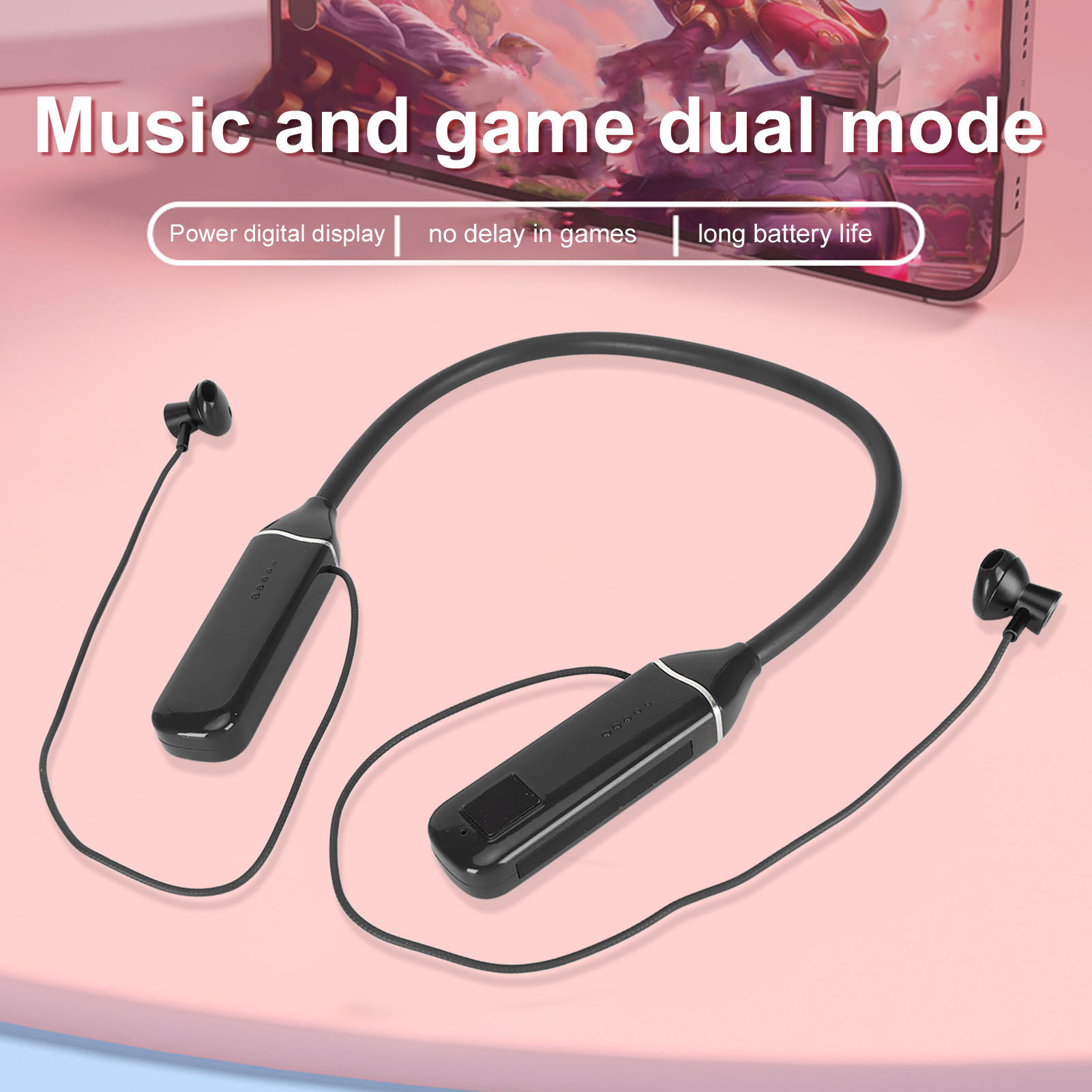 Schwarze Nackenbügel-Kopfhörer mit Text über Musik- und Spielmodus. Das Bild hat einen rosa Hintergrund.
