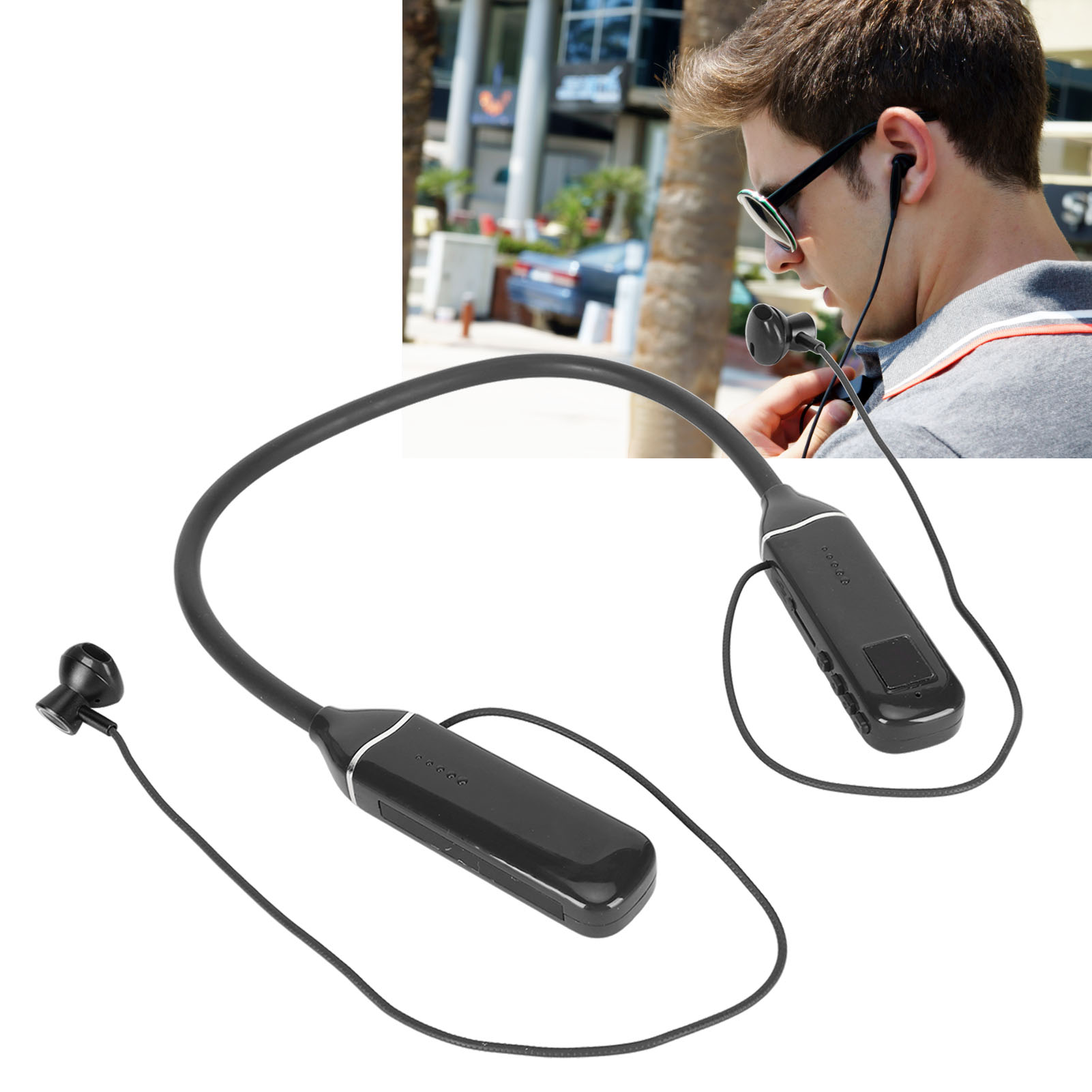 Mann mit Sonnenbrille und schwarzem Nackenbügel-Headset. Schwarze Ohrhörer und ein schwarzes Steuermodul sind sichtbar.