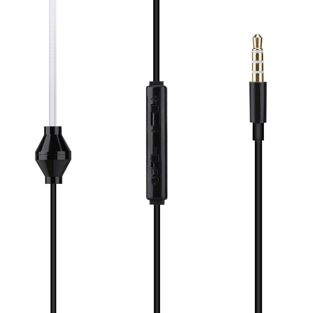 Schwarzes Audiokabel mit Lautstärkeregler und 3,5-mm-Klinkenstecker.