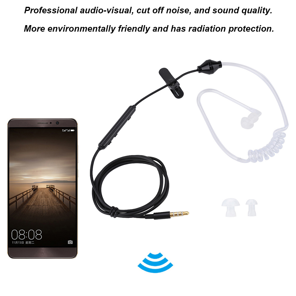 Ein Telefon mit Brückenbild. Ein schwarzes Kabel und Ohrhörer. Ein Textfeld mit Text.
