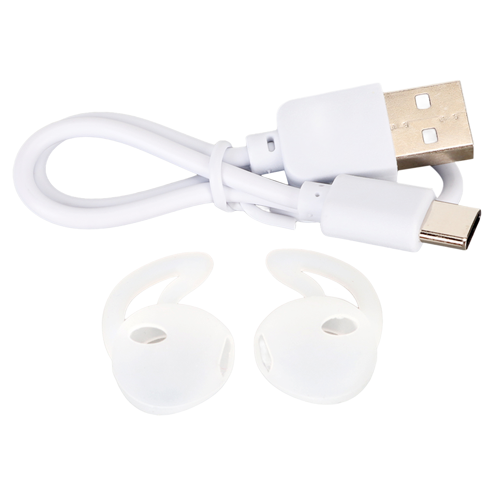 Weißes USB-Kabel und weiße Ohrhörer-Spitzen. Weißer Hintergrund. Die Spitzen sind aus Silikon.