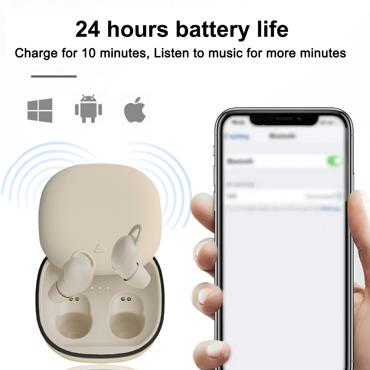 Ohrhörer in einem Ladecase, ein Smartphone und drei Symbole für Betriebssysteme.