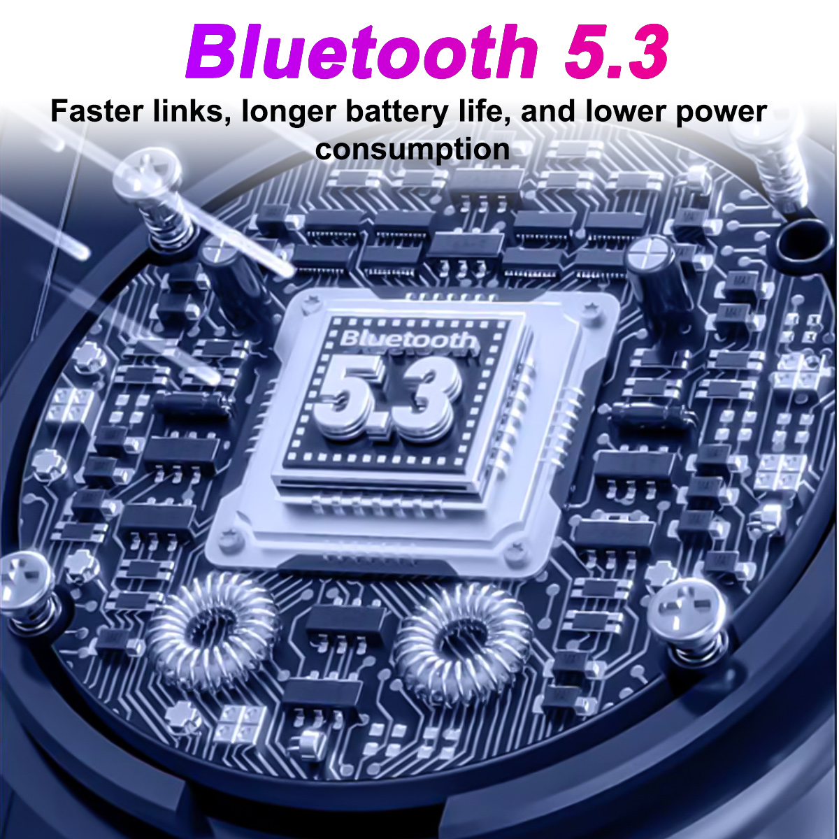 Nahaufnahme einer Leiterplatte. Der Text lautet 'Bluetooth 5.3'. Blaues und silbernes Farbschema.