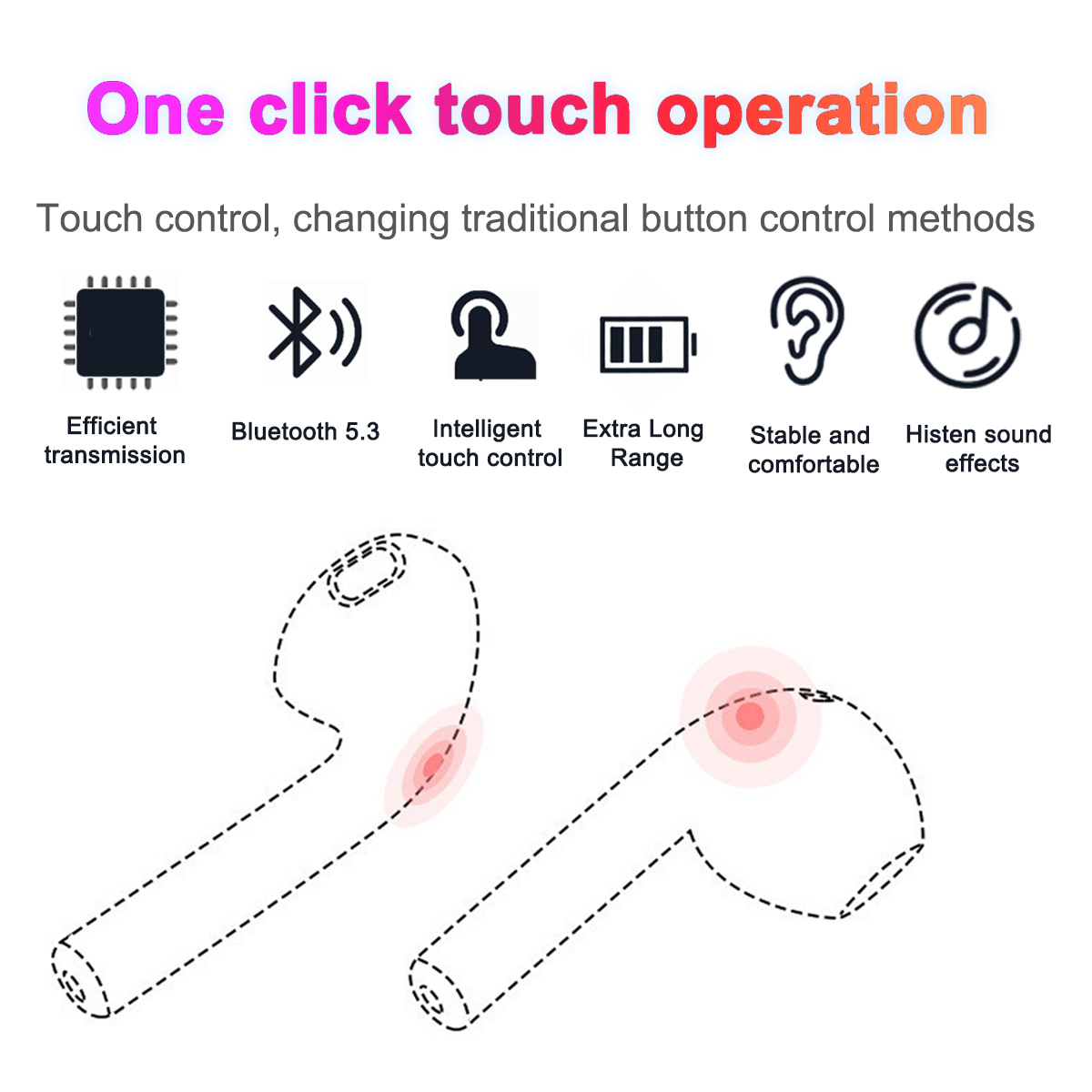 Diagramm von drahtlosen Ohrhörern mit Symbolen. Text-Overlay: 'One click touch operation'.