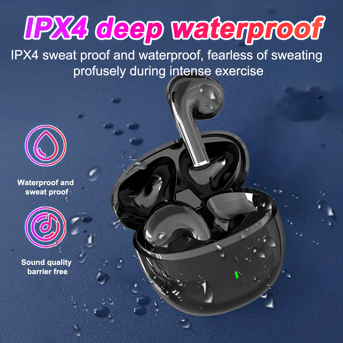 Schwarze Ohrhörer in einem Etui mit Wassertropfen. Text: IPX4 wasserdicht und schweißfest.