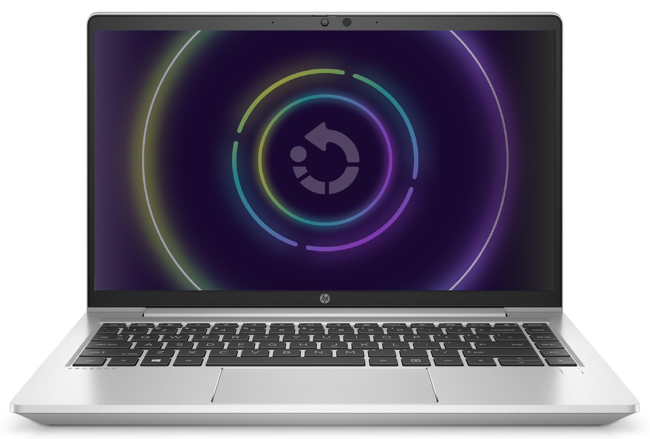 Silberner Laptop mit einer farbenfrohen, kreisförmigen Grafik auf dem Bildschirm.