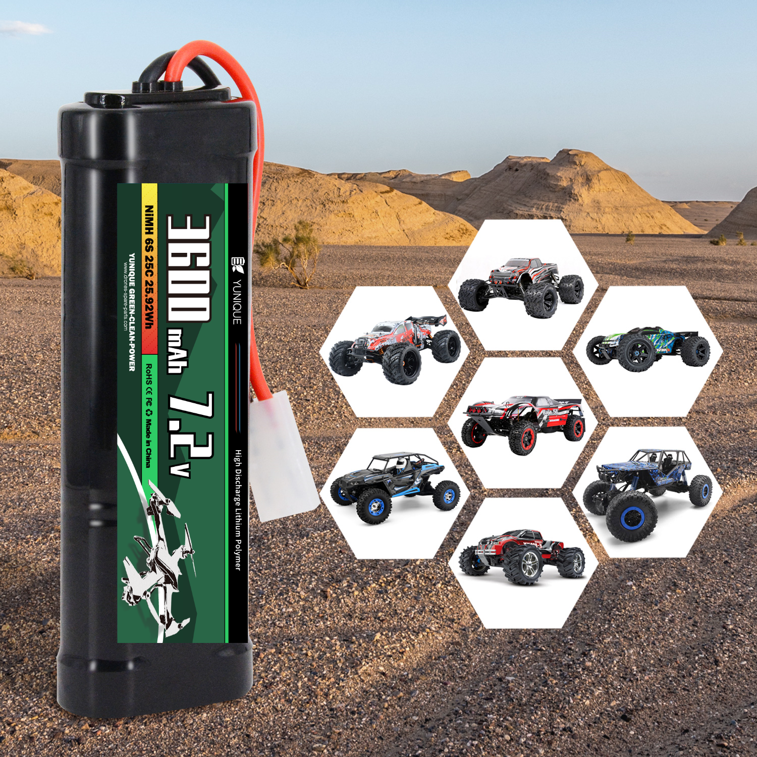 Eine schwarze Batterie mit roten und weißen Kabeln und Bildern von RC-Autos in einer Wüstenlandschaft.