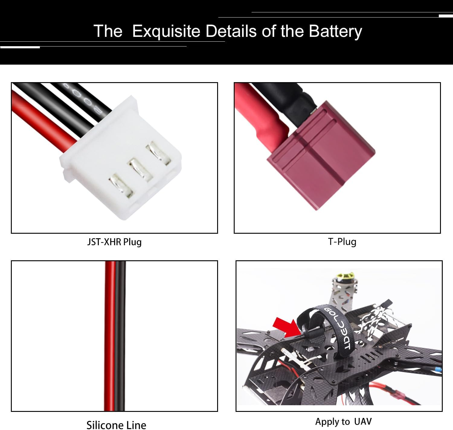 Vier Nahaufnahmen von Batteriesteckern und Drähten für eine Drohne. Etiketten umfassen JST-XHR-Stecker und T-Stecker.