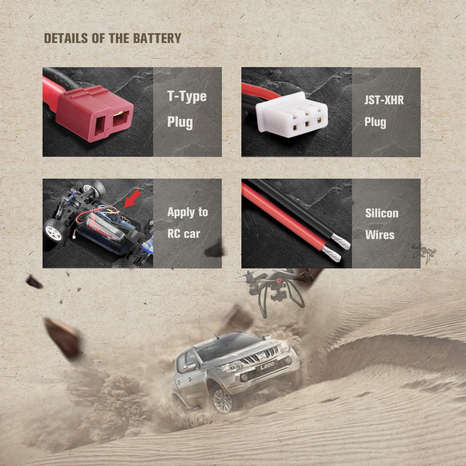 Bilder von Batteriekomponenten: T-Typ-Stecker, JST-XHR-Stecker, RC-Auto mit Batterie, Silikonkabel, Auto im Sand.