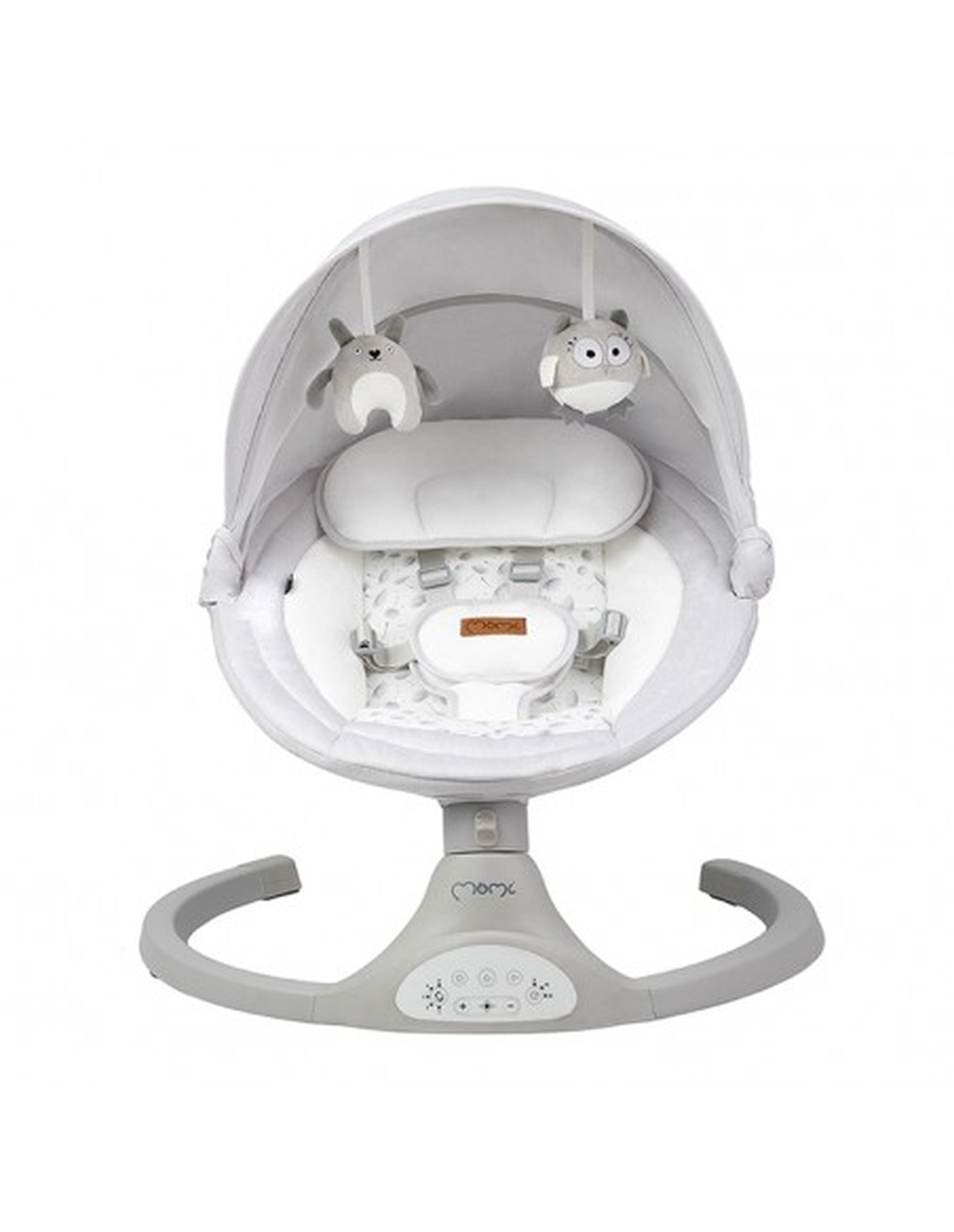 Eine Babywippe mit grauem Rahmen, weißem Sitz, Baldachin mit Spielzeug und Bedienfeld.