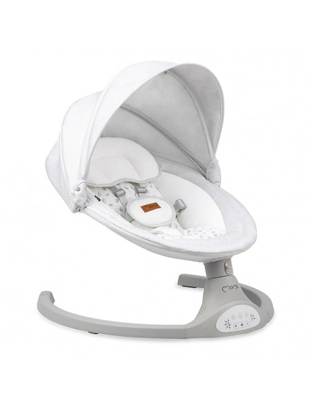 Eine weiße Babyschaukel mit einem Verdeck. Die Schaukel steht auf einem grauen Sockel mit Bedienfeld.