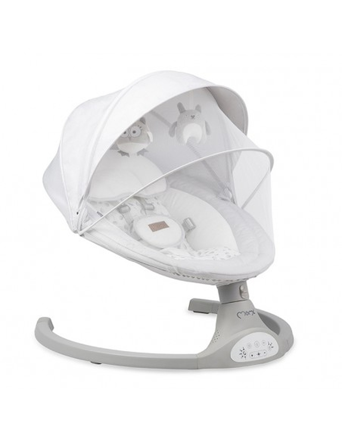 Weißer Babyschaukel mit Verdeck und Spielzeug. Graue Basis, weißer Hintergrund.