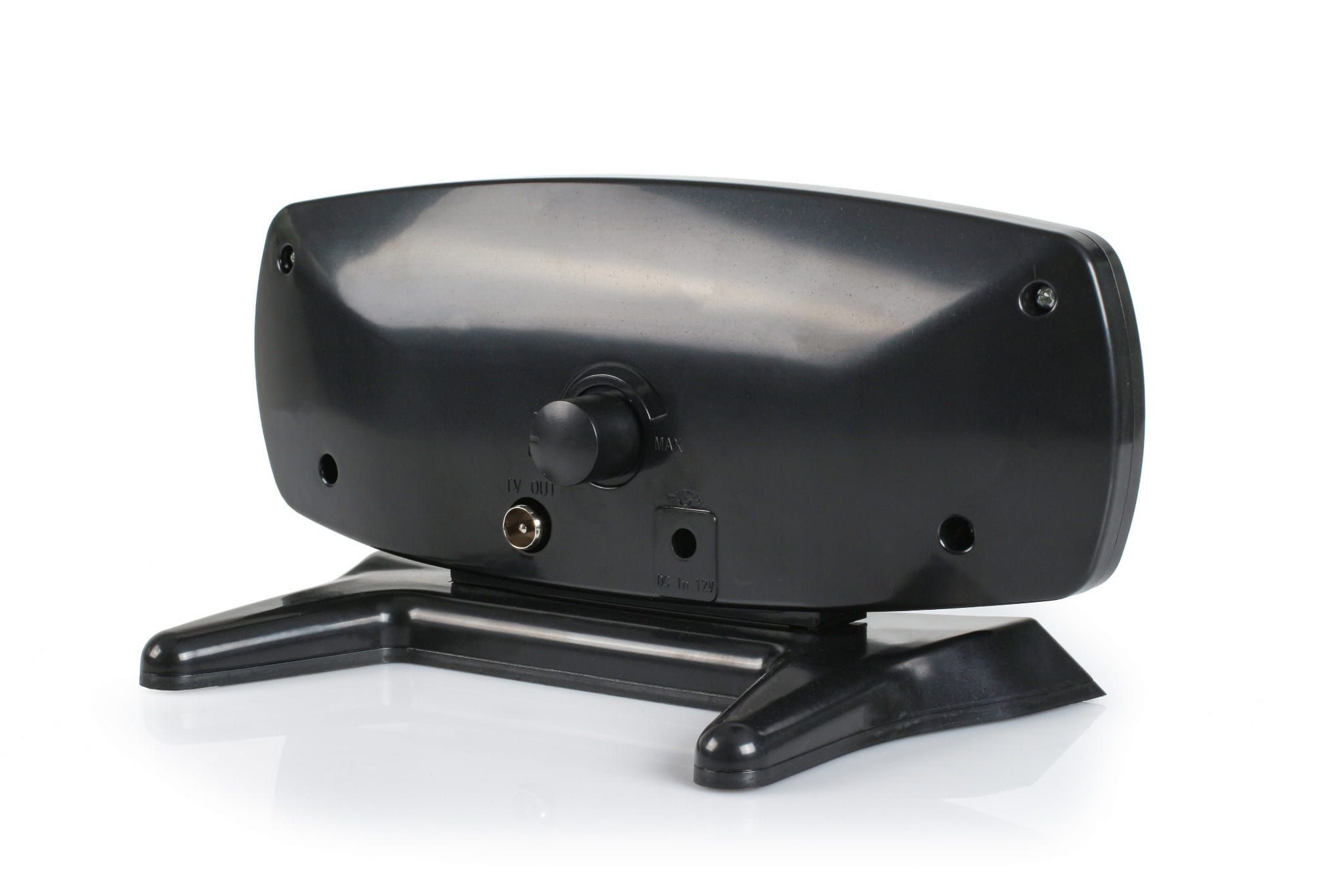 Schwarze TV-Antenne mit Ständer und Drehknopf auf der Rückseite.