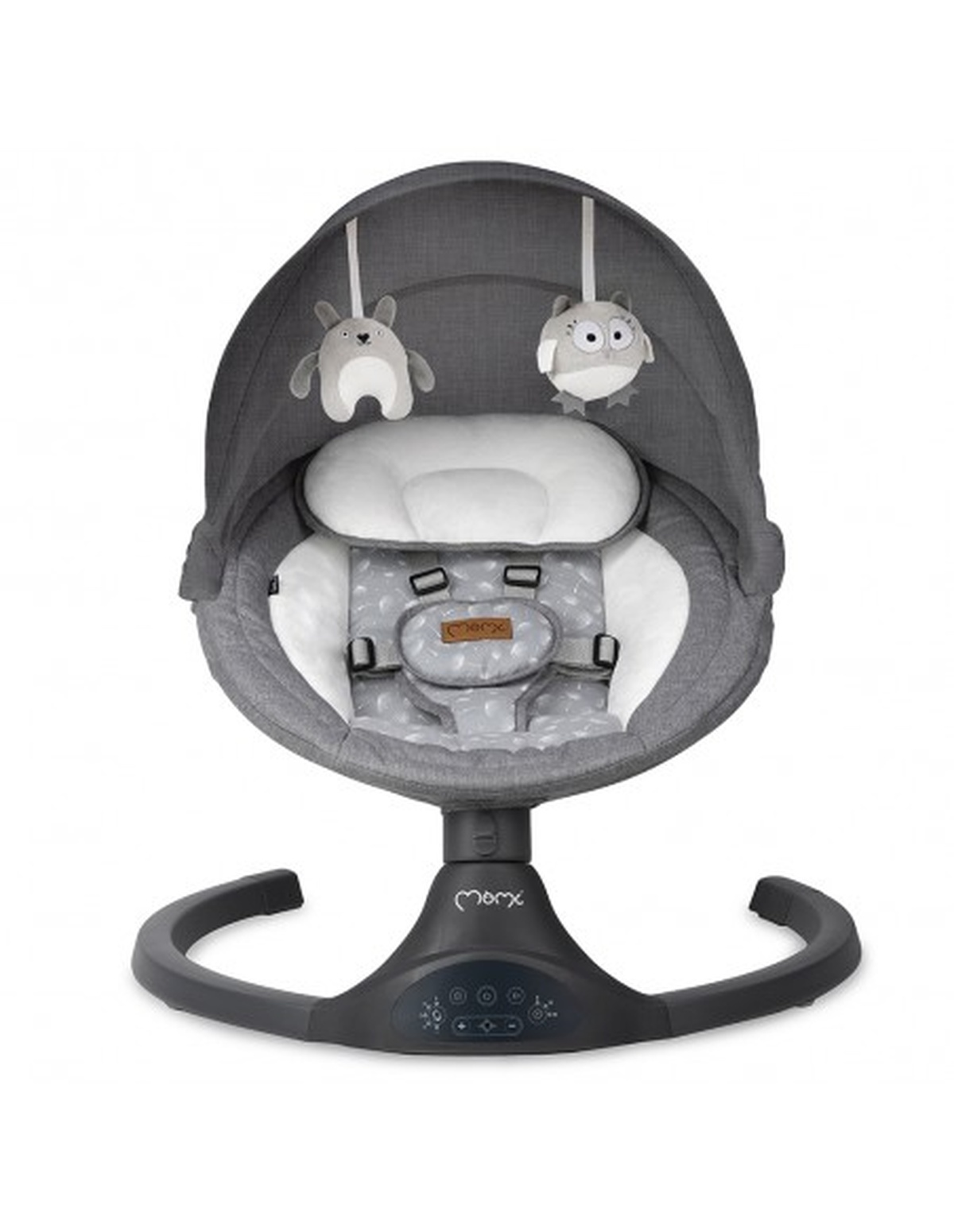 Eine graue Babyschaukel mit Kapuze, zwei hängenden Spielzeugen und einem weißen, gemusterten Sitz.