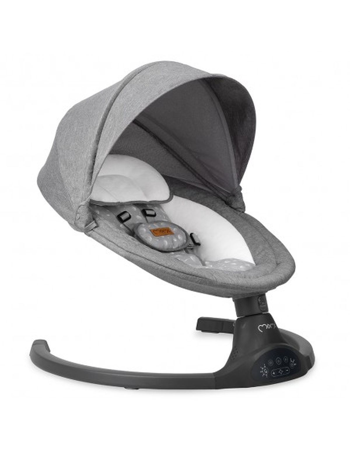 Eine graue Babyschaukel mit Verdeck und weißem Sitz, vor weißem Hintergrund.