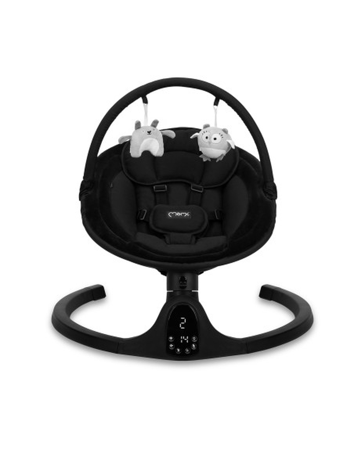 Schwarze Babyschaukel mit zwei Plüschtier-Spielzeugen. Sie hat eine gebogene Basis und ein digitales Bedienfeld.