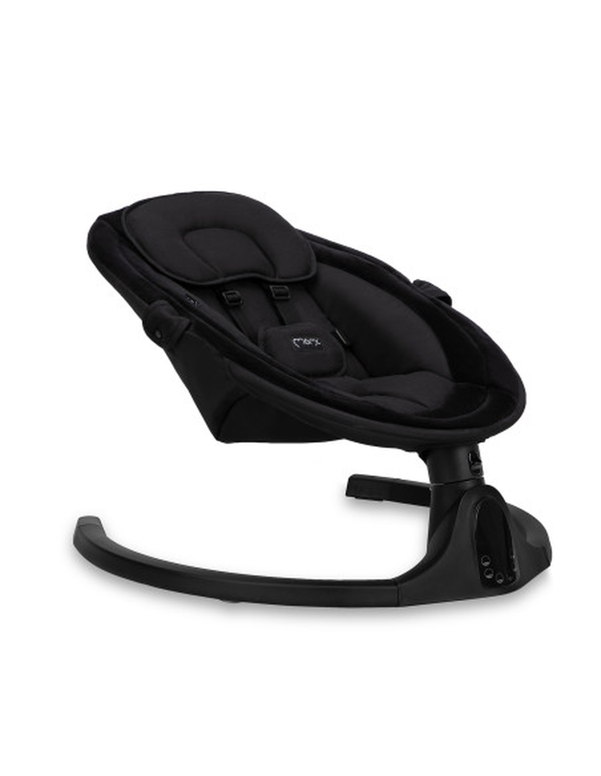 Schwarze Babyschaukel. Sie hat eine Kopfstütze und Sicherheitsgurte auf einem schwarzen Ständer.