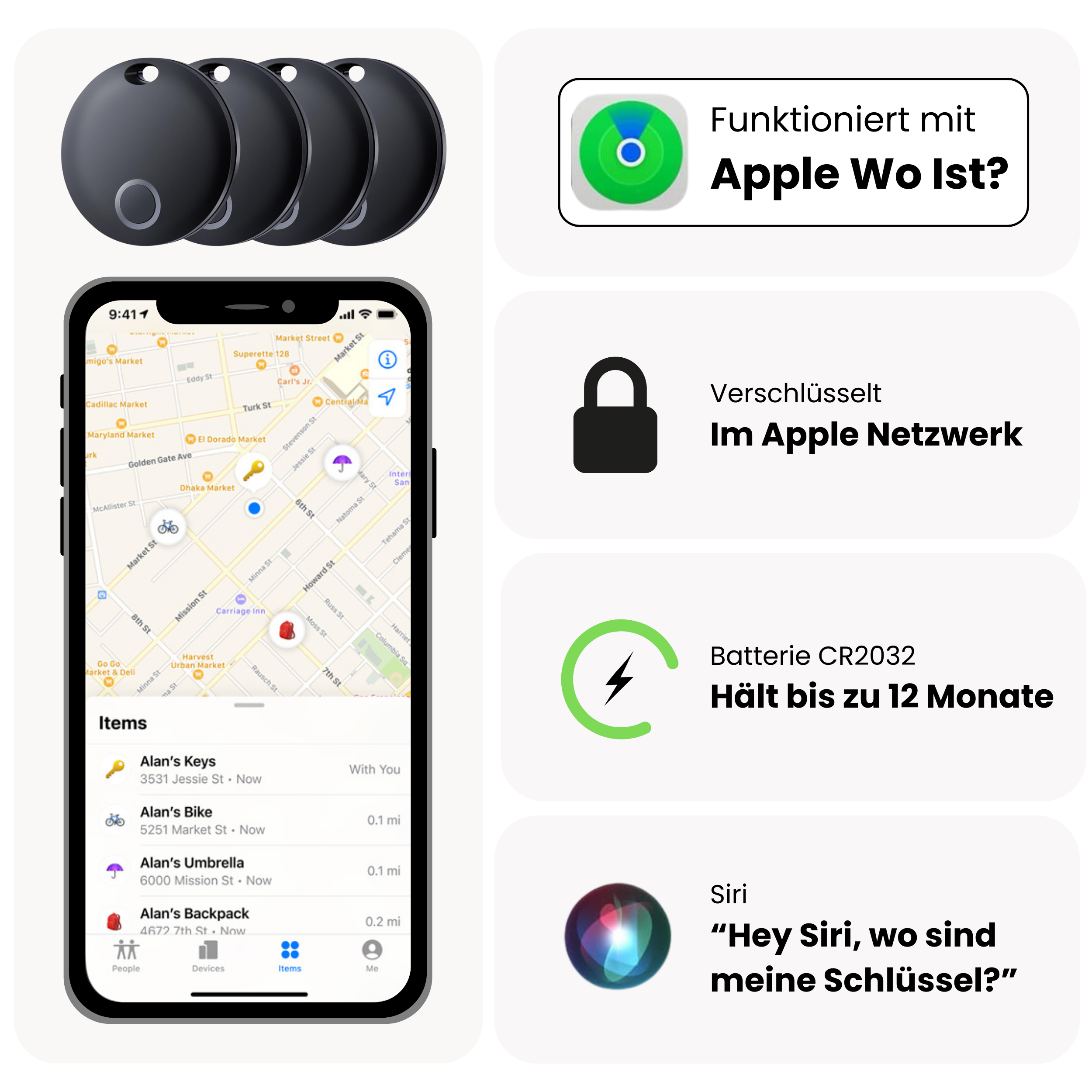 Vier schwarze Apple AirTag Tracker, ein Telefon mit Karte und Infos, und Text, der Funktionen beschreibt.