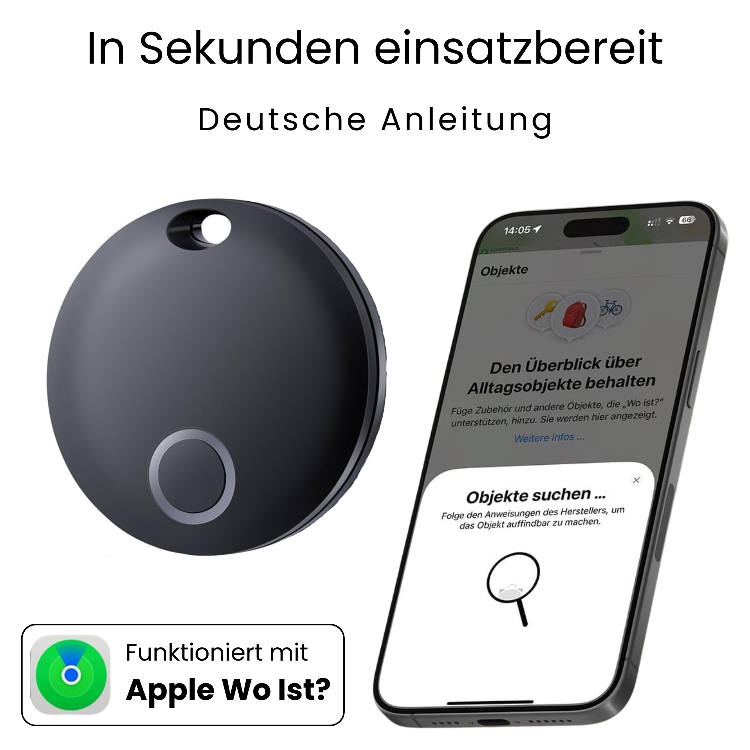 Ein schwarzes Ortungsgerät und ein Smartphone, das eine App-Oberfläche auf weißem Hintergrund zeigt.