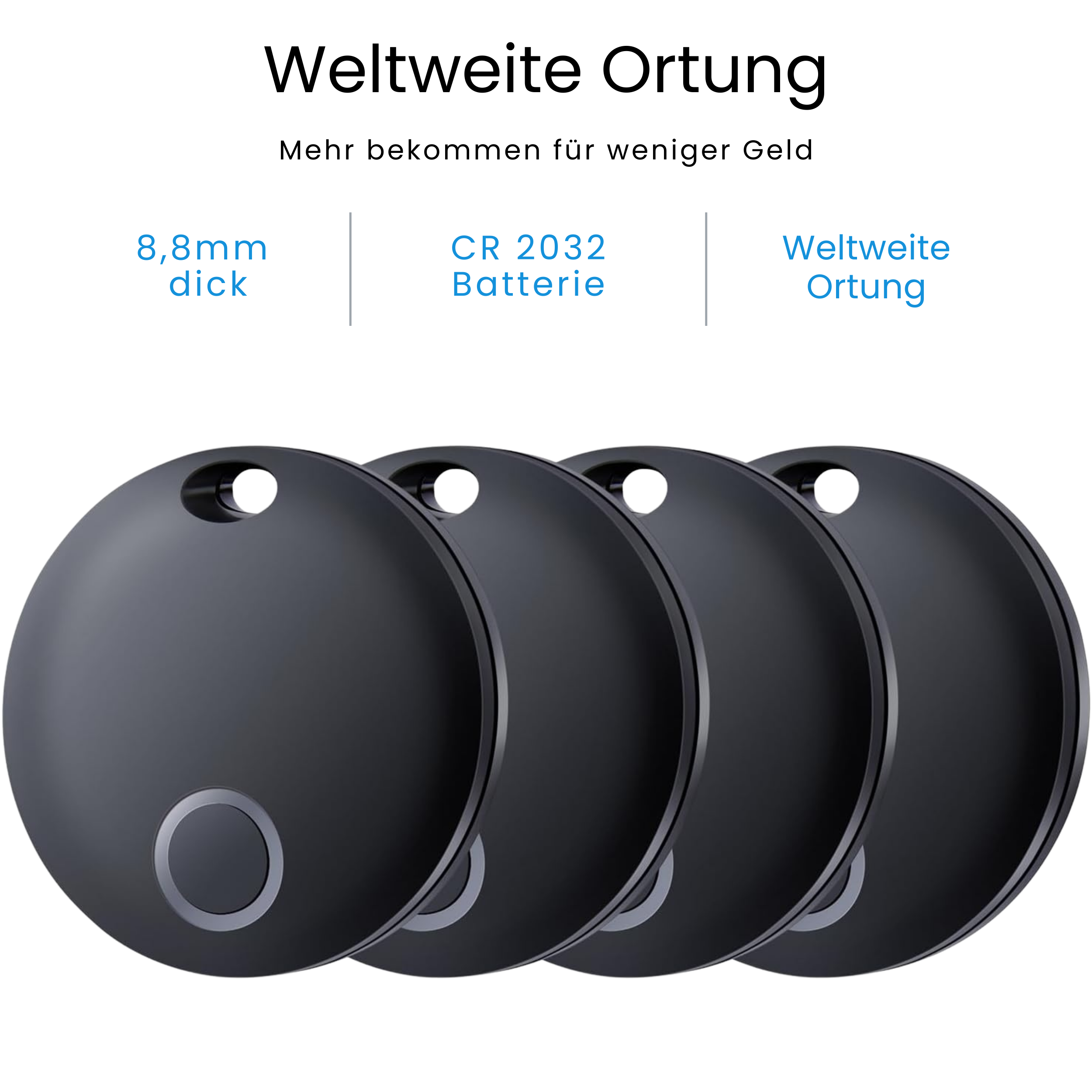 Vier schwarze kreisförmige Ortungsgeräte mit weißem Kreis, Text auf Deutsch.