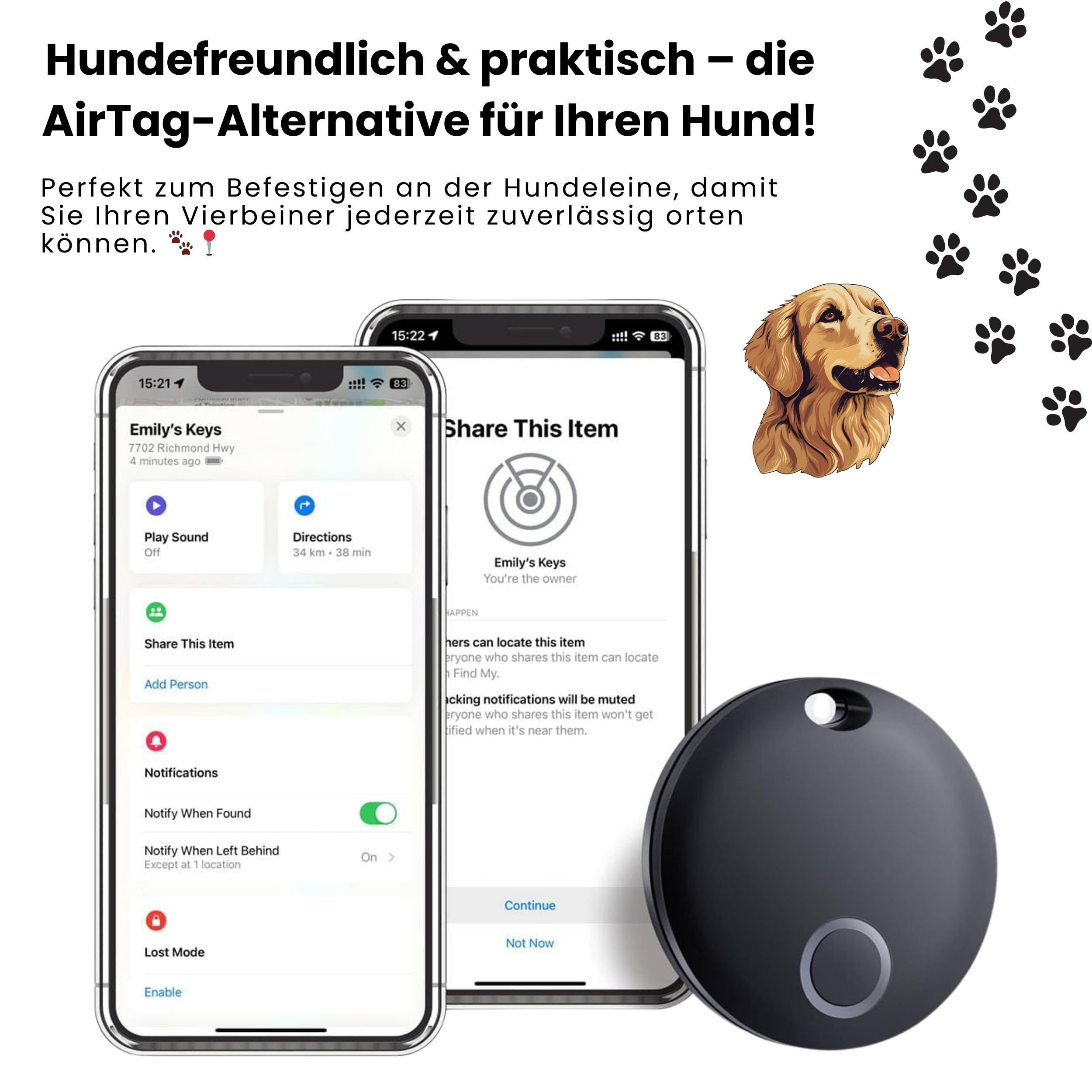 Zwei Telefone mit Tracking-App-Bildschirmen und ein schwarzes, kreisförmiges Gerät mit Hundebild. Text über Hunde-Tracking.