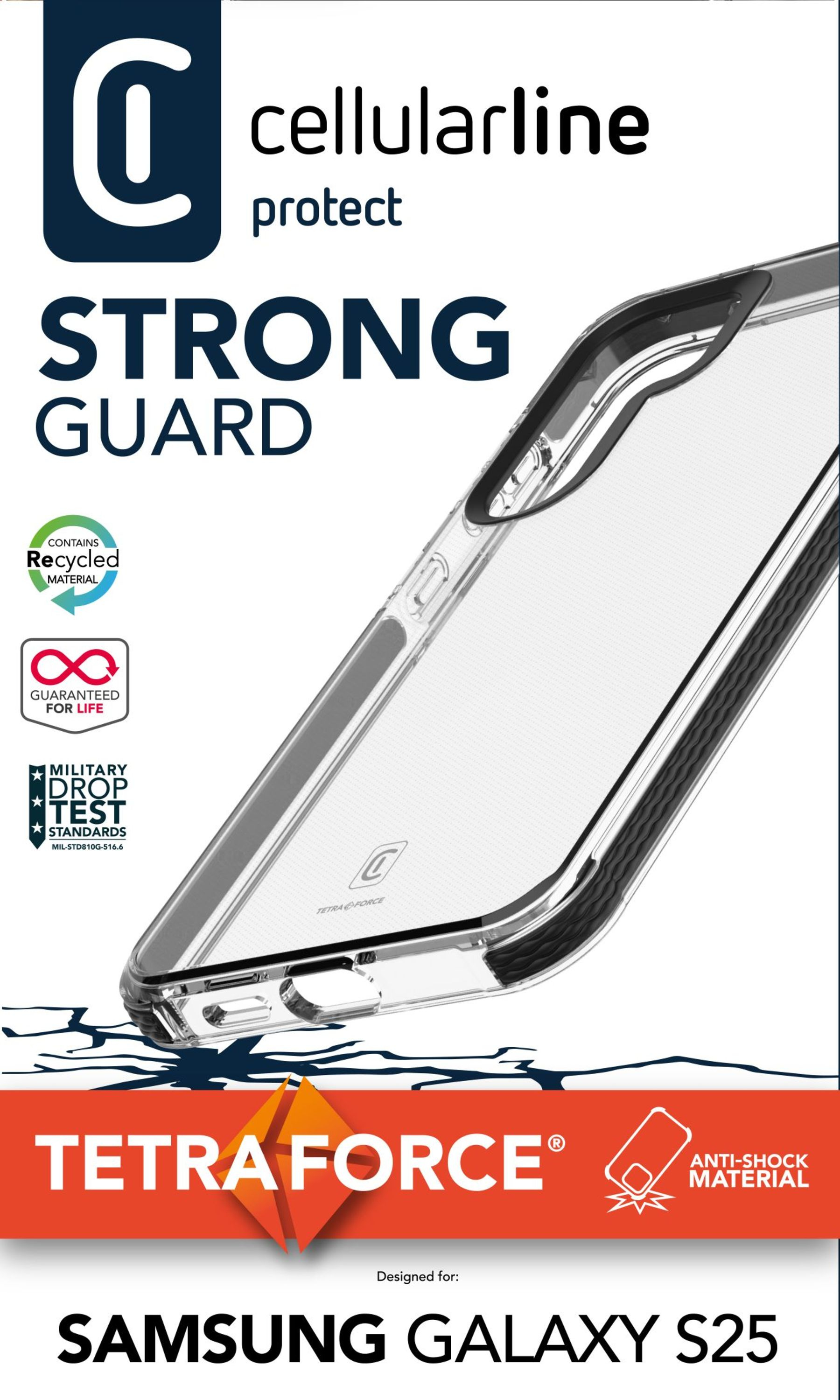 Custodia trasparente per telefono Samsung Galaxy S25, con testo: Strong Guard, Tetraforce e cellularline.